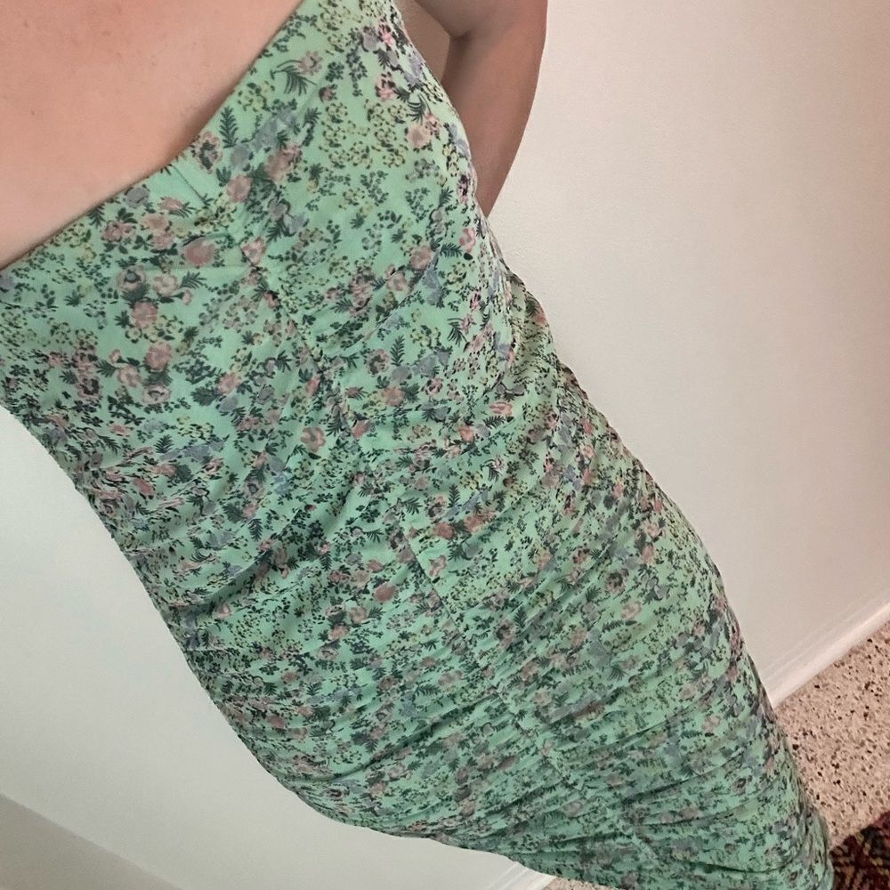 AFRM green floral stretch tube dress midi ruching medium m
